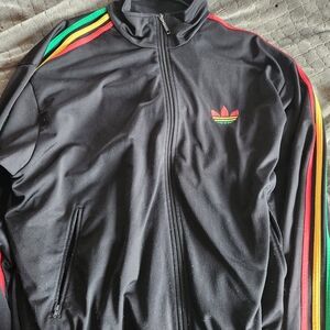 Adidas Men's Black Bomber Jacket with Red, Yellow, and Green Stripes